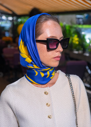 100% Mulberry Silk Scarf for Women |  Blue Silk Scarf | 90 x 90 cm