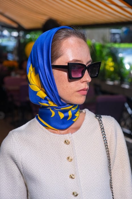 100% Mulberry Silk Scarf for Women |  Blue Silk Scarf | 90 x 90 cm
